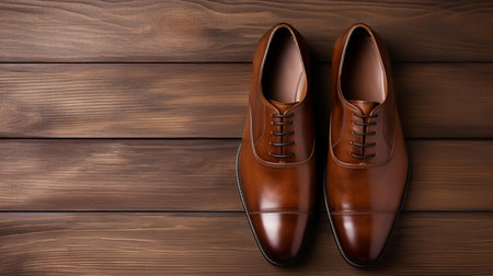 Men's leather brown shoes with laces on wooden background.の素材