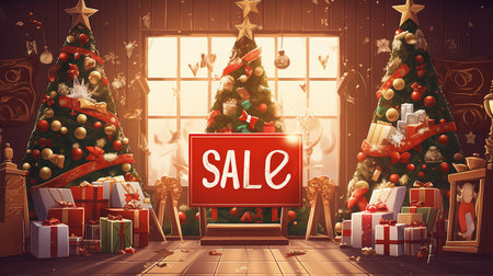 Christmas trees and gift boxes in the store. Christmas sale. Black Friday.の素材