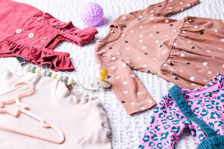 Baby clothes and pacifier on white bedspread.の写真素材