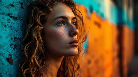 Portrait of beautiful girl on orange-blue background. World Cancer Dayの素材