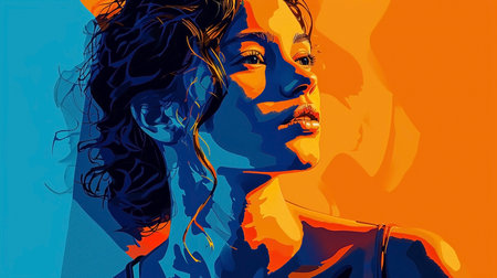 Portrait of beautiful girl on orange-blue background. World Cancer Dayの素材