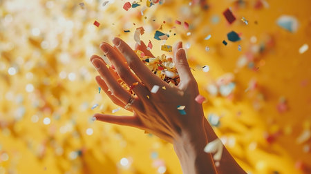 Women's hands hold confetti on yellow background.の素材