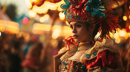 Girl in carnival costume against the background of blurry lights of the night city. Mardi Grasの素材