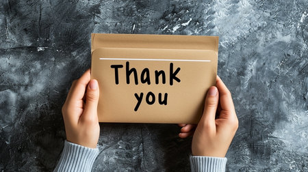 Hands holding envelope with the text "Thank you" on gray background. Employee Appreciation Dayの素材