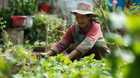 Elderly woman works in the garden in the summer.の素材