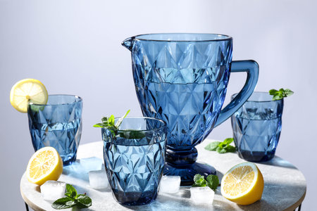 Blue faceted jug and glasses filled with water with lemon and ice on gray background.の写真素材