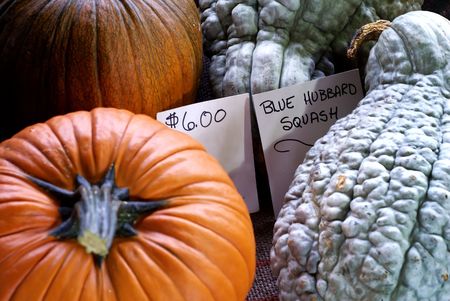 pumpkins and squash at farmers market with signの写真素材