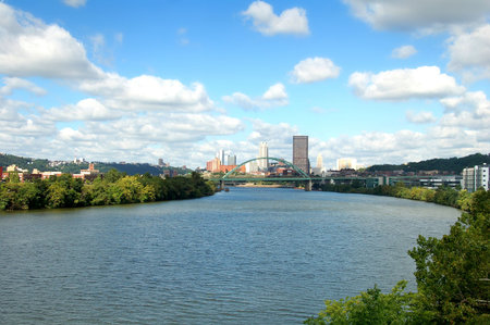 A view from the Hot Metal Bridge walkway of the Birmingham Bridge over the Monongahela River in the city of Pittsburgh の写真素材