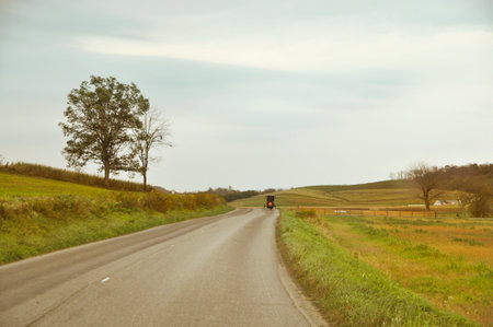Amish carriage riding on country road in Ohioの写真素材