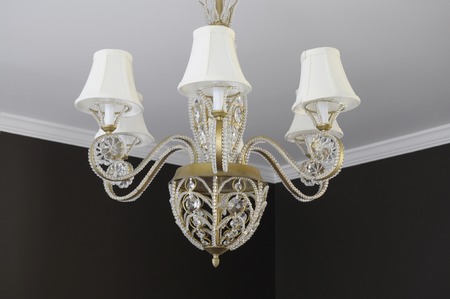 beautiful dining room chandelier with lampshadesの写真素材