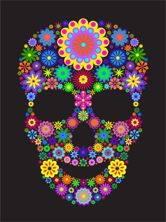 Illustration of flower skull isolated on black background.のイラスト素材