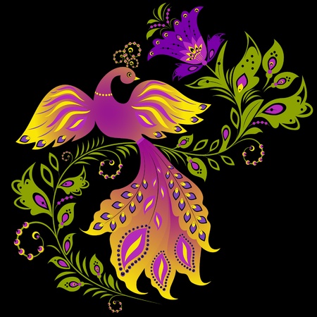 Illustration of  colorful bird and abstract plant on black backgroundのイラスト素材