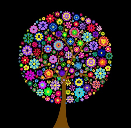 Illustration of  colorful flower tree on black backgroundのイラスト素材