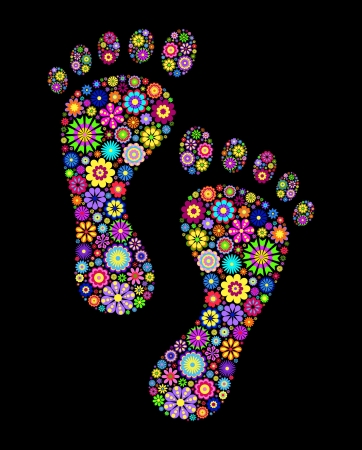 Illustration of  colorful footprints on black backgroundのイラスト素材