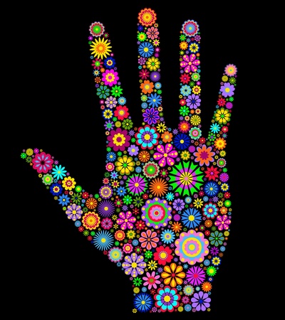 Illustration of colorfull human palm on black backgroundのイラスト素材