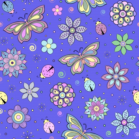 seamless pattern with abstract colorful flowers, butterflies and ladybugsのイラスト素材