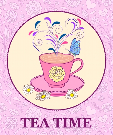 illustration of  bright cup of tea on pink floral backgroundのイラスト素材