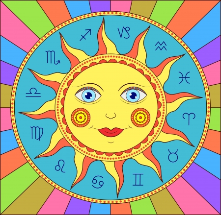 illustration of abstract sun with  zodiac signsのイラスト素材