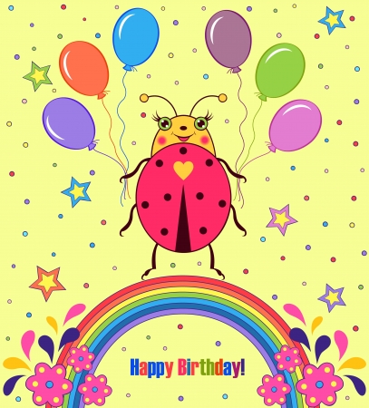  colorful  happy birthday card with cute ladybirdのイラスト素材