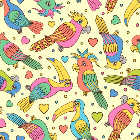 Vector illustration of seamless pattern witn tropical birds - toucans and parrotsのイラスト素材