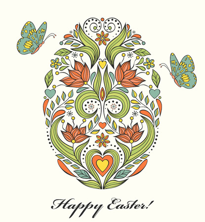 Vector illustration of floral easter egg and butterfliesのイラスト素材
