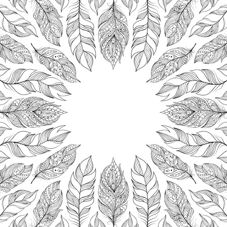 illustration of frame with abstract feathers.Coloring page for adultのイラスト素材