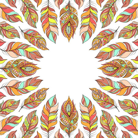 illustration of frame with abstract colorful feathers.のイラスト素材