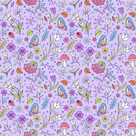 Vector illustration of seamless pattern with abstract flowers and birds.Floral backgroundのイラスト素材