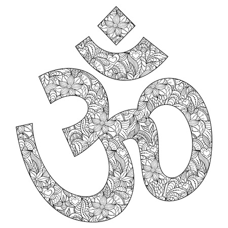 Vector illustration of floral Om symbol on white background.Coloring page for adult.のイラスト素材