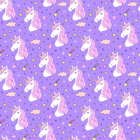 Seamless pattern of hand drawn unicorns on purple background. Vector illustration.のイラスト素材