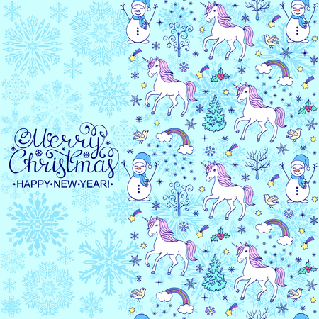 Repetitive pattern of unicorns and other elements in colorful illustration with typography at the side, Merry Christmas.のイラスト素材