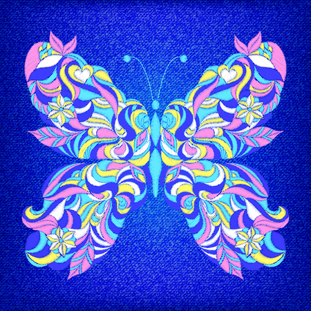 Embroidered colorful butterfly on dark blue jeans texture.Vector illustration.のイラスト素材