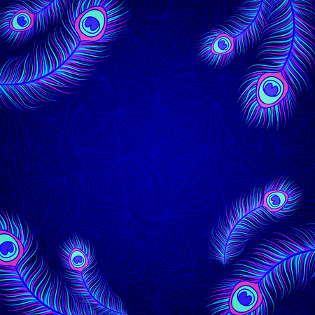 Card with colorful peacock feathers on dark blue background.のイラスト素材