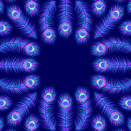 Invitation card with colorful peacock feathers on dark blue background.のイラスト素材