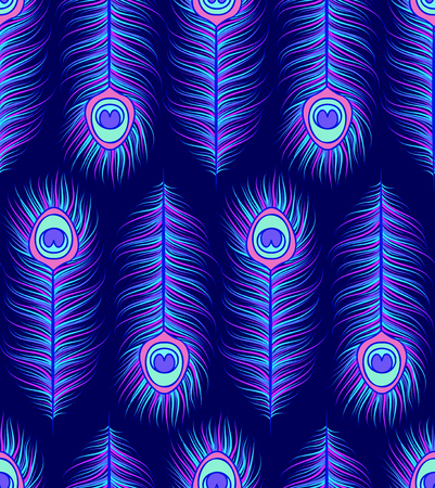 Seamless pattern with colorful peacock feathers on dark blue background.のイラスト素材