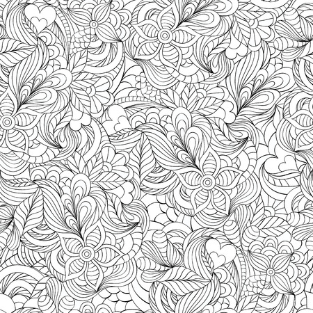 Illustration of pattern with abstract flowers,leaves and hearts.のイラスト素材