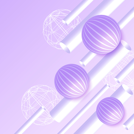 Vector illustration of 3d pipes and balls on violet background. Abstract design.のイラスト素材