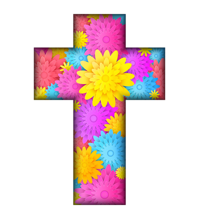 Card with floral cross made from colorful flowers on white background.Vector illustration.のイラスト素材