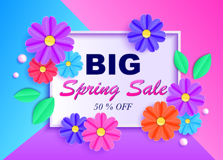 Spring sale banner with colorful flowers,leaves and beads. Vector illustrationのイラスト素材