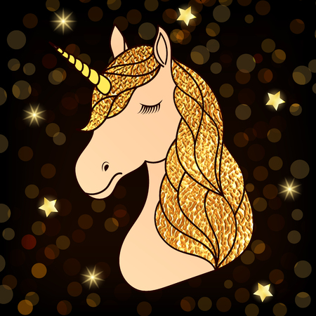 Head of hand drawn unicorn with golden hair on dark night background.のイラスト素材