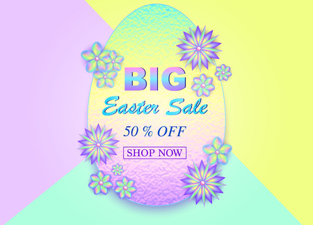 Easter sale card with colorful flowers and leaves. Vector illustrationのイラスト素材