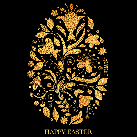 Floral easter egg with golden texture on black background.Vector illustration.のイラスト素材