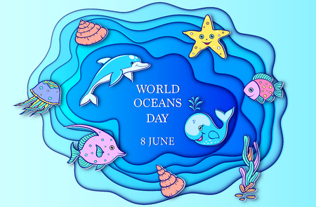 Vector illustration for world ocean day. Ocean animals on blue background.のイラスト素材