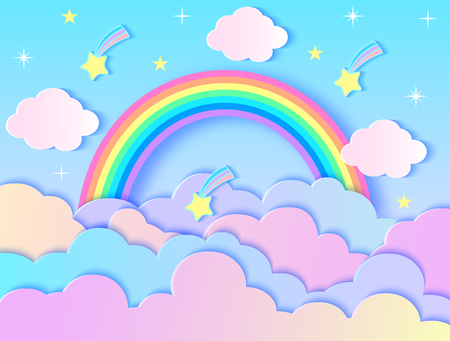 Vector illustration of clouds,stars and rainbow. Paper art styleのイラスト素材