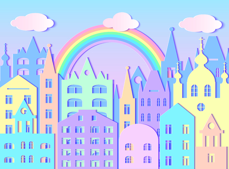 Building of big city, rainbow and clouds. Vector illustration. Paper art styleのイラスト素材