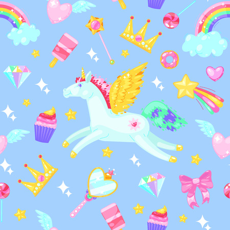 Seamless pattern with unicorns,hearts,dresses,candies, clouds, rainbows and other elements on blue background.のイラスト素材