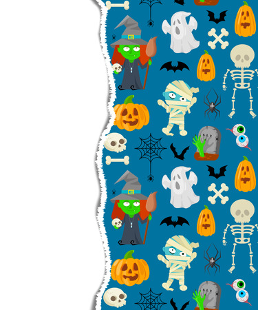 Card with colorful cartoon object for Halloween on violet background.のイラスト素材