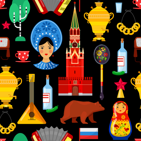 Seamless pattern with traditional Russian attributes on black backgroundsのイラスト素材
