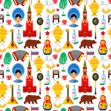 Seamless pattern with traditional Russian attributes on white backgroundsのイラスト素材