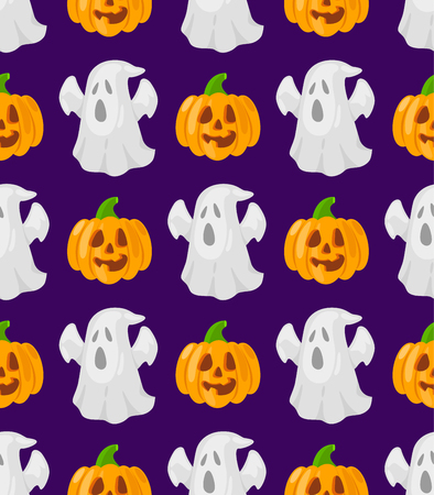 Seamless patttern with cartoon pumpkins and ghosts on violet background.のイラスト素材